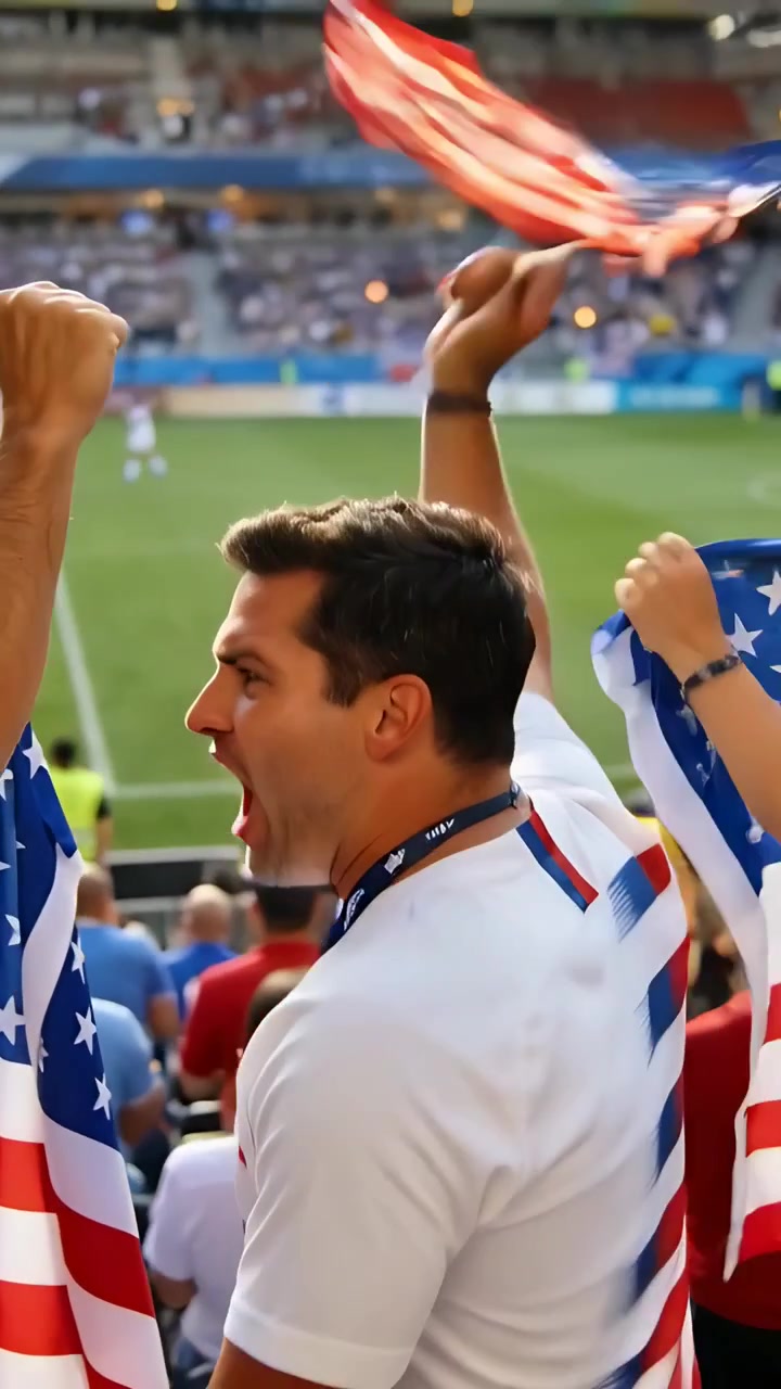 Video vertical: Reaccionando a una jugada, hombre con camiseta blanca levantándose, gritando y ondeando la bandera de EE. UU. en las gradas.