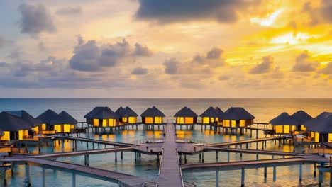 stunning sunset illuminating luxury overwater bungalows connected by wooden walkways, creating a breathtaking tropical paradise perfect for relaxation and escape