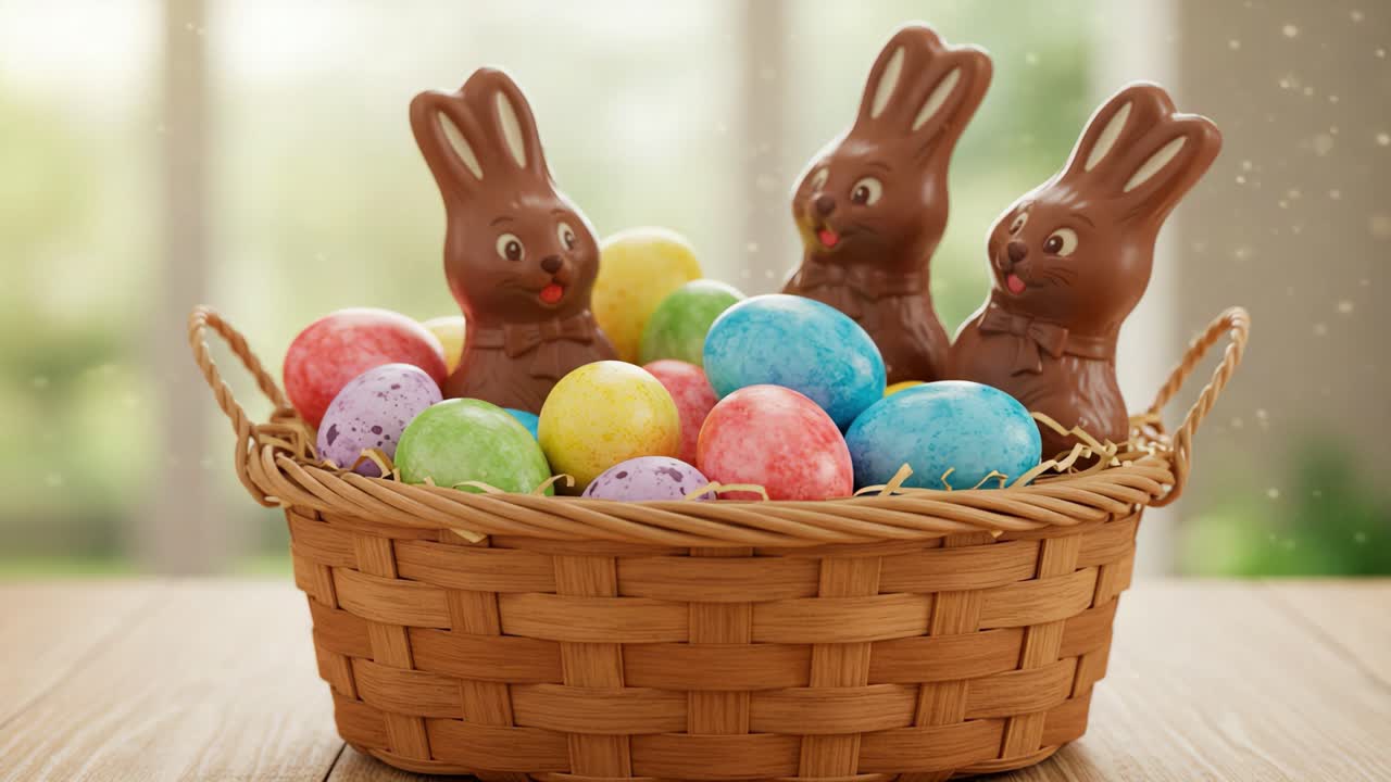 Colorful Easter Basket Filled with Chocolate Bunnies and Vibrant Eggs, Creating a Joyful Holiday Atmosphere of Celebration and Fun
