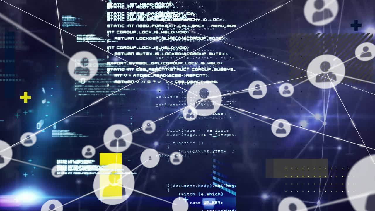 Animation of network of connections with icons and shapes over data processing on blue background
