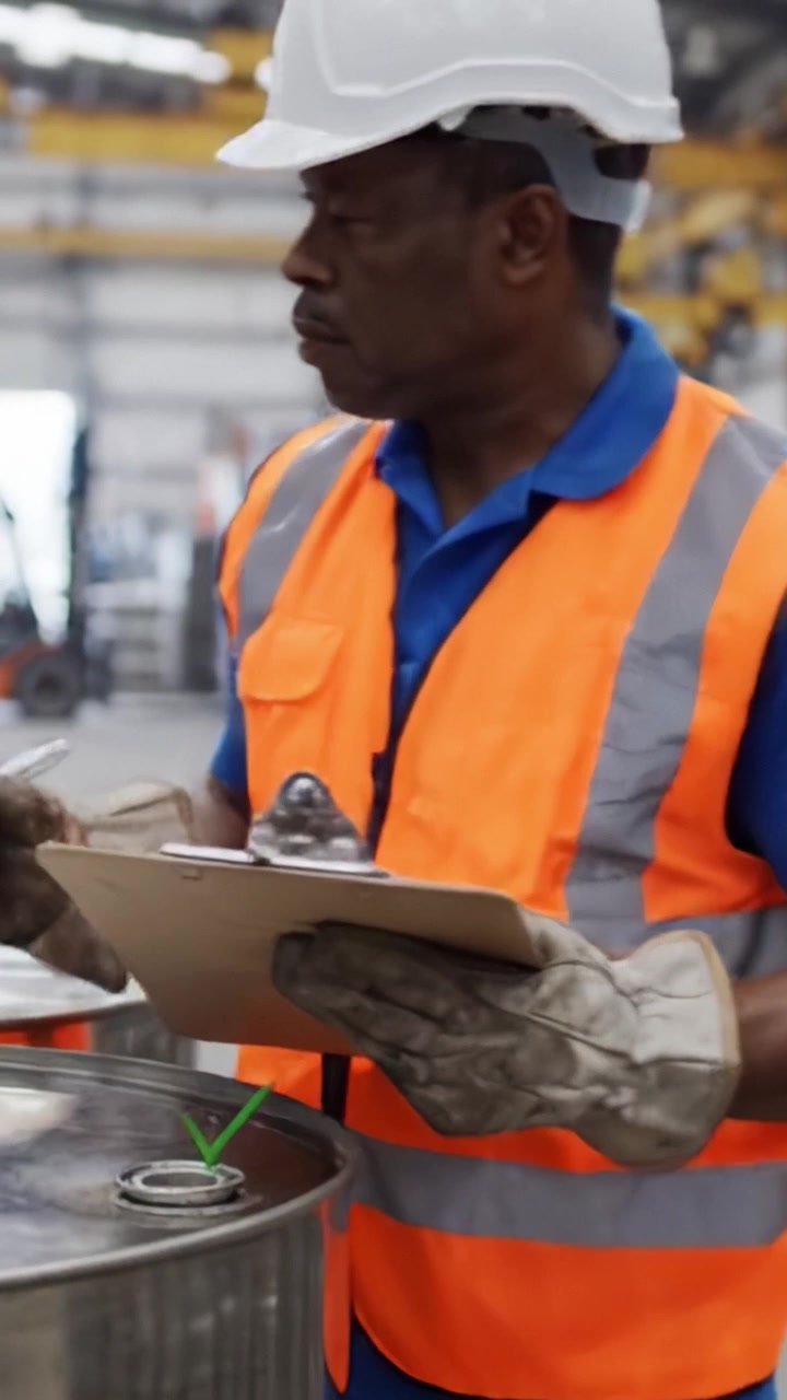 Worker in Safety Gear Checking Industrial Containers for Quality Assurance and Inventory Management in a Modern Warehouse Environment