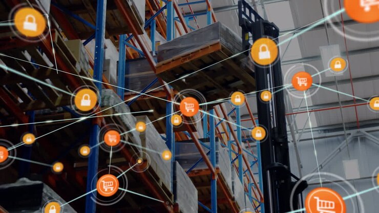 Animation of network of digital icons against forklift operating at warehouse