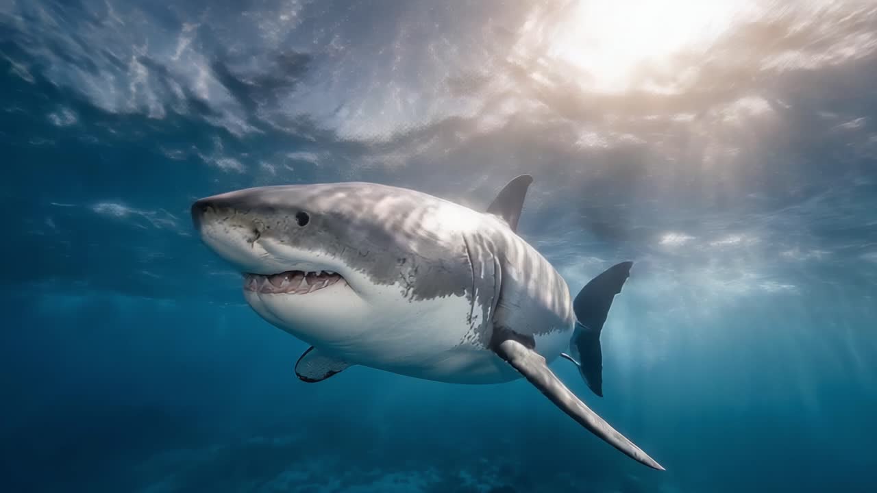 Imponente squalo bianco che scivola attraverso acque cristalline, mostrando la sua potente presenza e il suo movimento aggraziato sotto la superficie dell'oceano