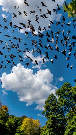 flock of birds in flight over trees and sky
