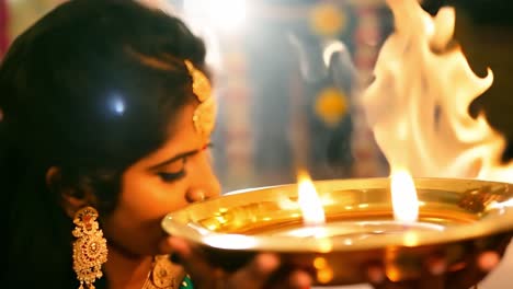 indian woman lighting candles during diwali celebration