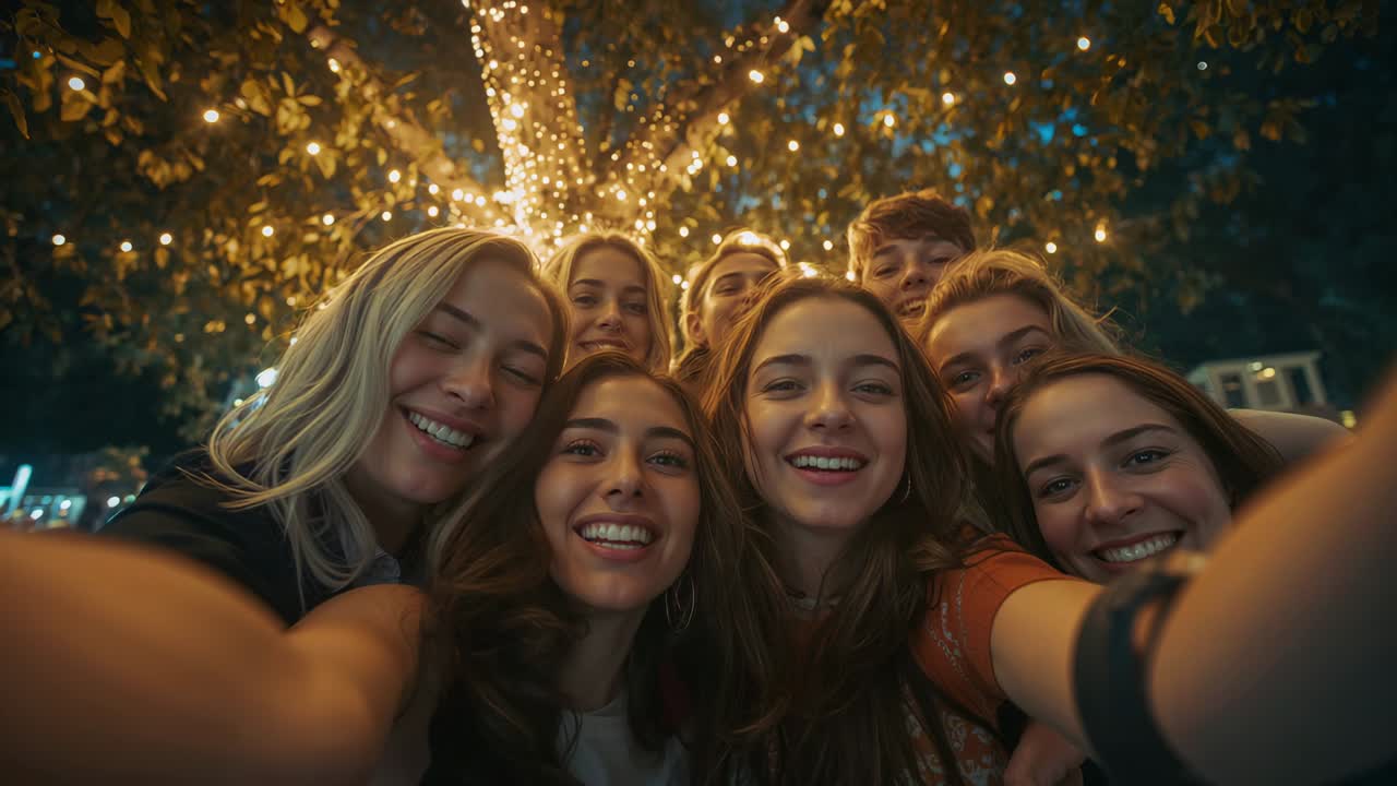 Otto amici sorridenti in abbigliamento casual che posano mentre una persona allunga il telefono per un selfie sotto un albero illuminato