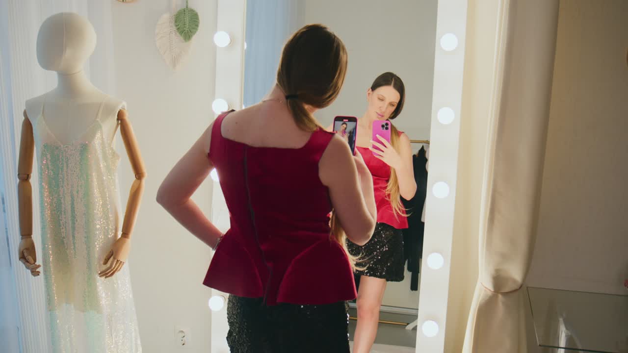 女性が赤いドレスを試着し、鏡越しに自撮りしている。自信を持って立ち、その服装を眺めている。明るい鏡のライトが彼女の楽しそうな表情を映し出している。ファッション、小売業、またはパーソナルスタイルコンテンツに最適。