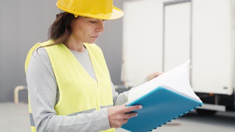 caucasian woman in front of warehouse looking on documents.