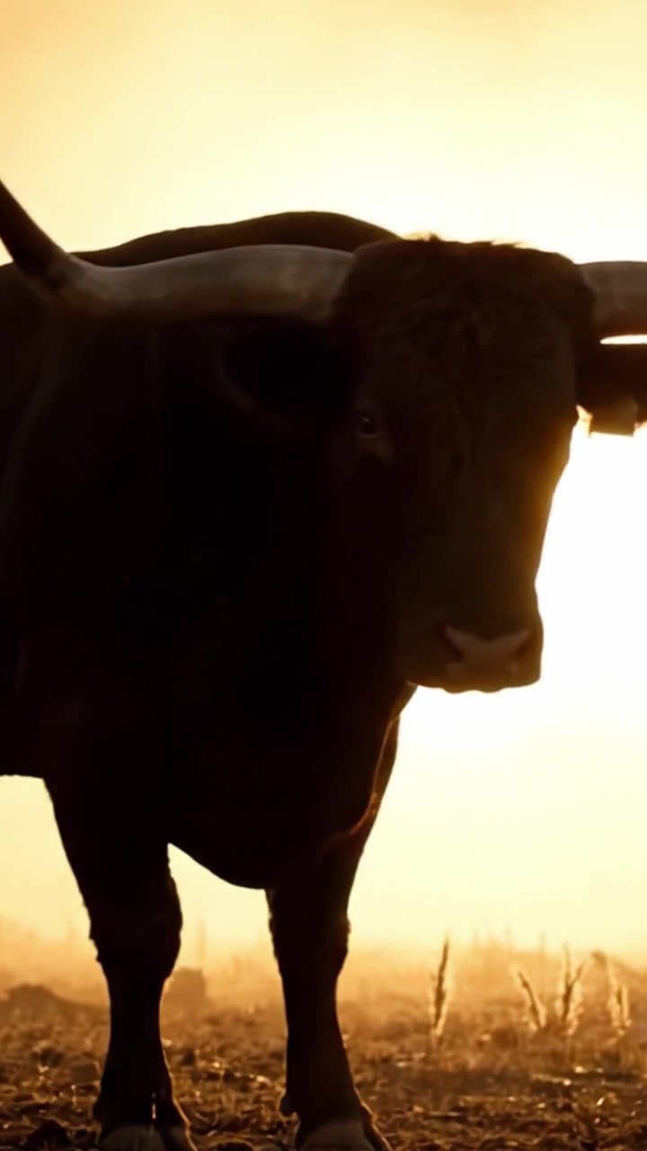 Maestoso toro in silhouette contro un tramonto dorato: una potente rappresentazione della bellezza e della forza della natura in contesti rurali.