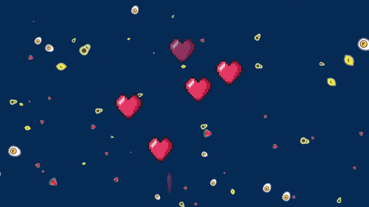 어두운 배경 위에 떨어지는 심장, 달, 아보카도의 애니메이션