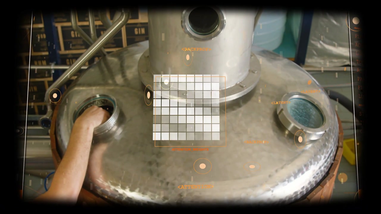 Male tech inserting forearm into left port and activating HUD grid on dome for distillery sampling