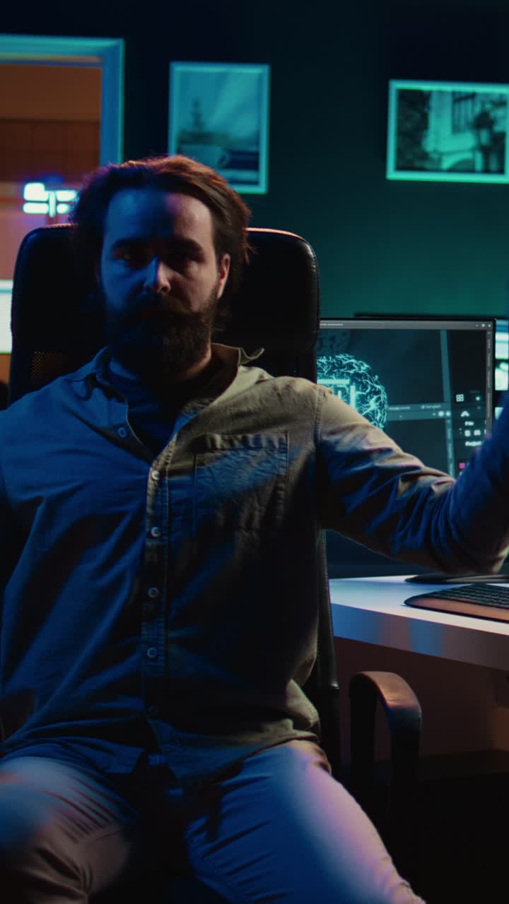 Man Working on AI and Human Hologram on Multiple Computer Screens