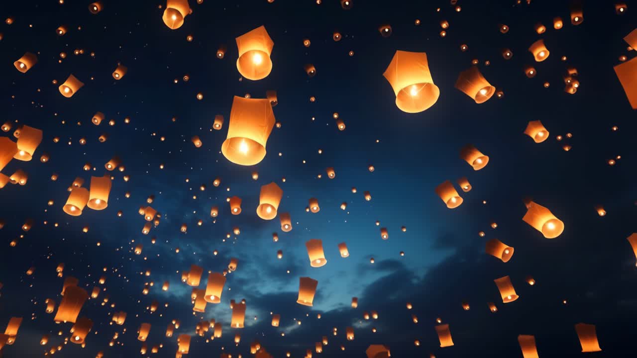 A mesmerizing video of glowing lanterns floating against a twilight sky, captured from a low-angle