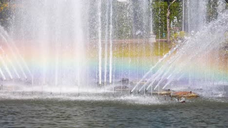 colorful fountain display with a vibrant rainbow