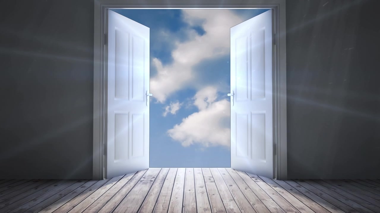 Door opening to blue sky
