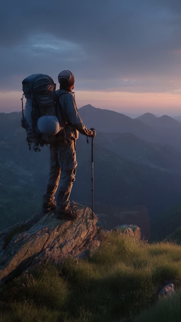 Un excursionista solitario se alza sobre un saliente rocoso, contemplando un impresionante paisaje montañoso, bañado por el cálido resplandor de un atardecer con nubes que reflejan colores vibrantes.