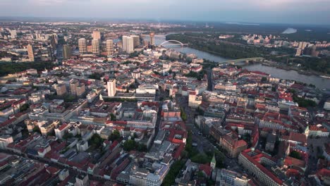 Slovakian-capital-Bratislava-cityscape-seen-from-above,-aerial-drone-establisher