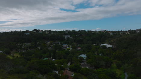 Forwards-fly-above-green-meadow.-Revealing-family-houses-between-trees.-Port-Elisabeth,-South-Africa