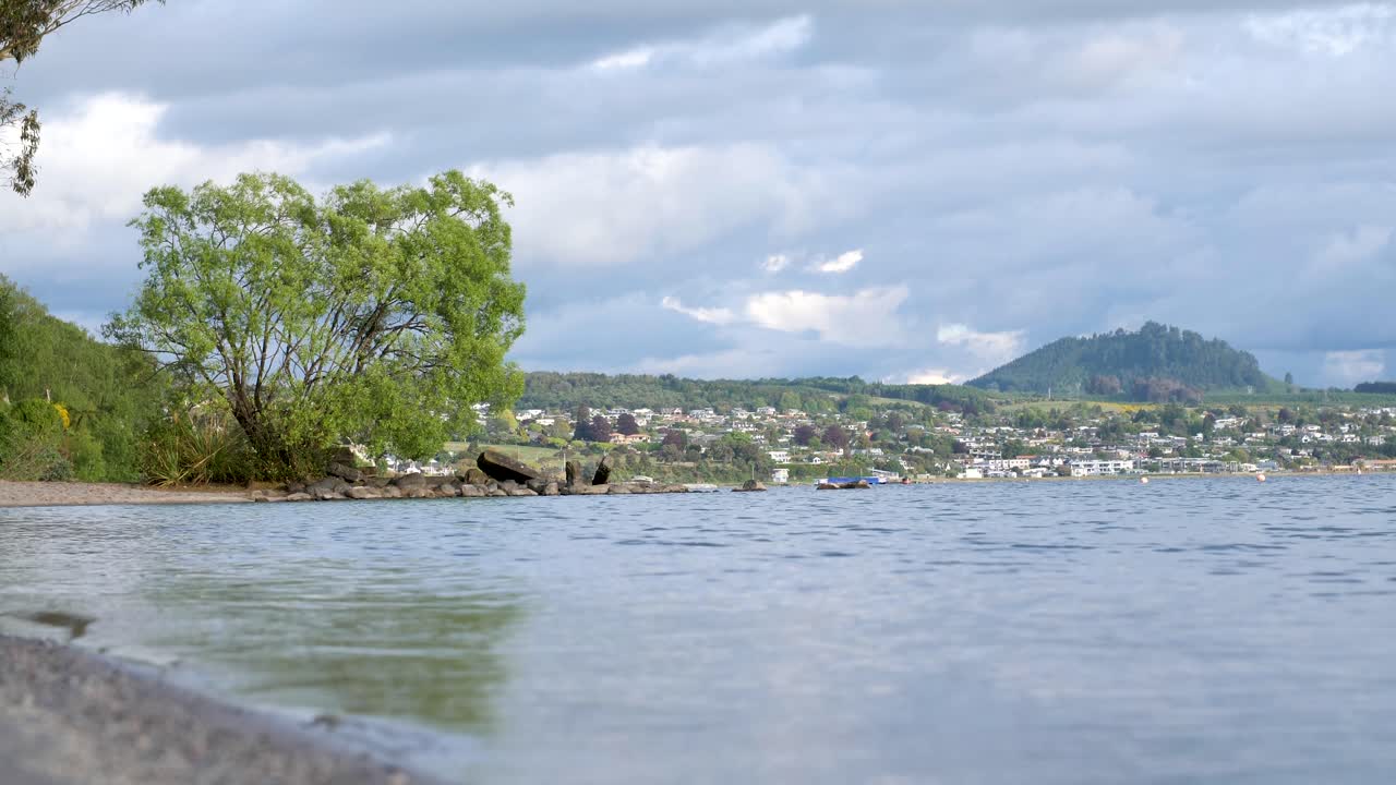 파도가 밀려오는 타우포 호수 해안선의 풍경 사진