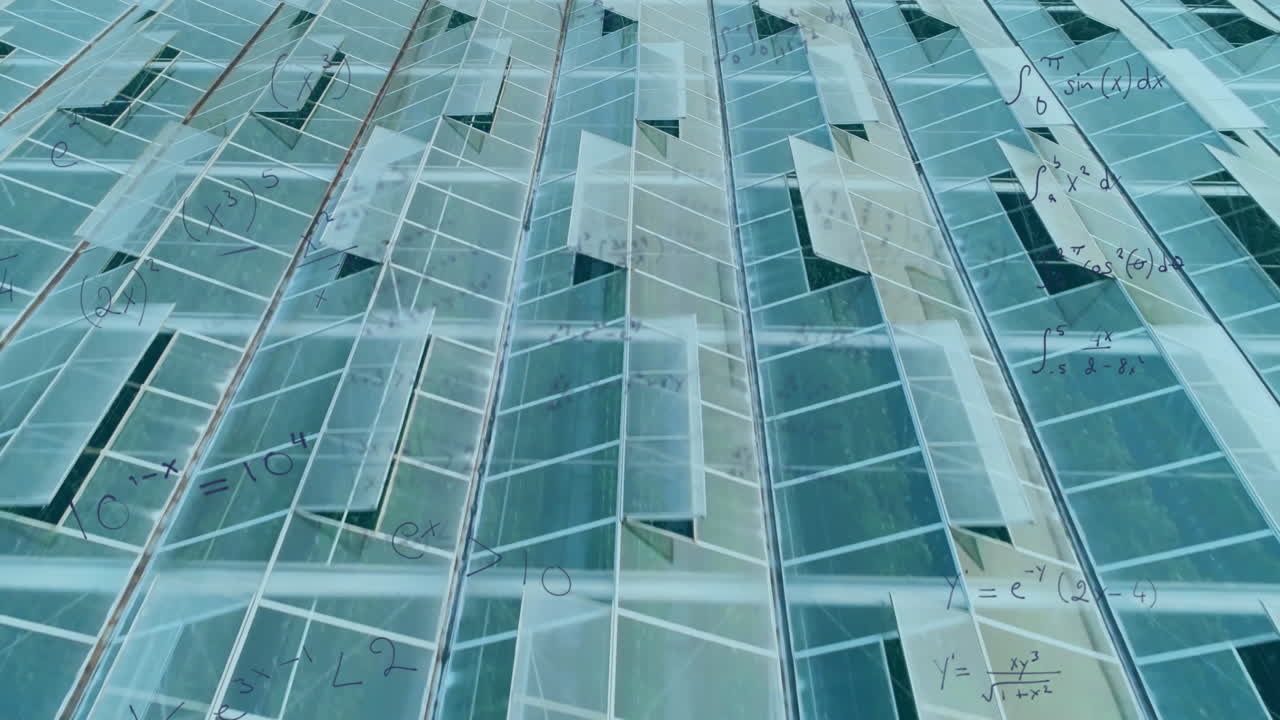 Rows of slanted blue glass panels being animated with floating math equations in 3D render style