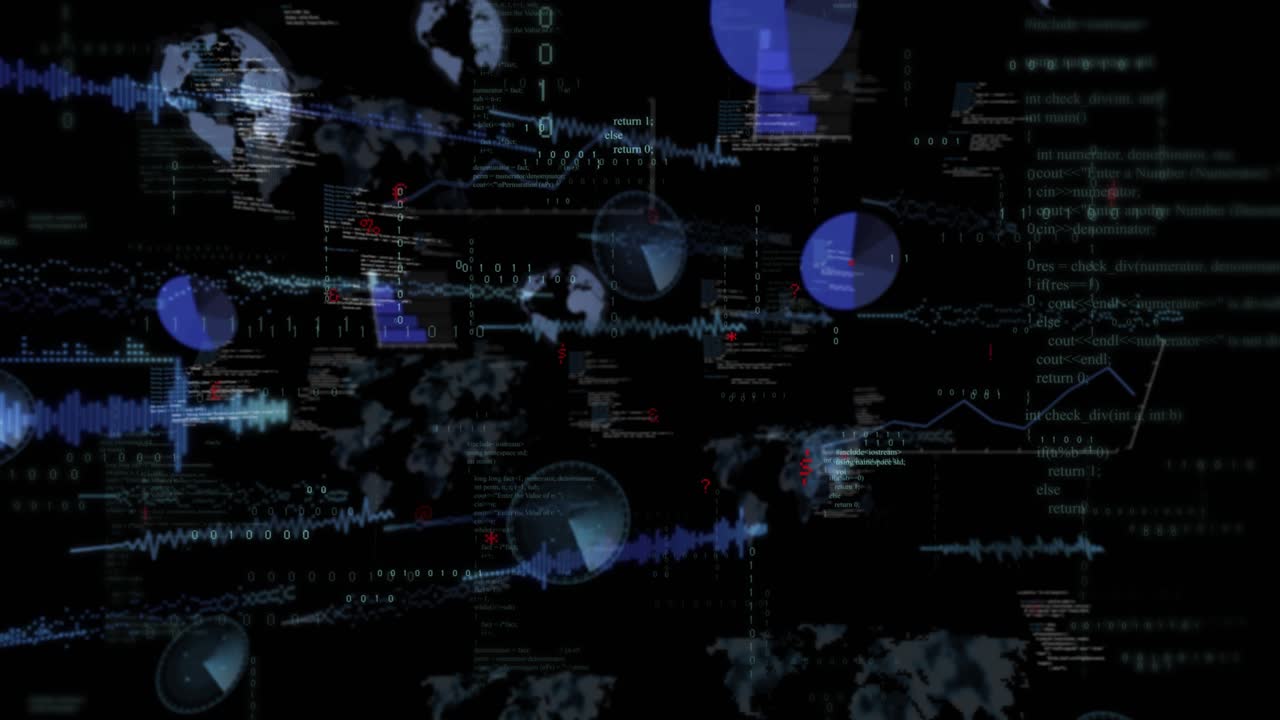 Dark backdrop streaming code spawning globe, chart animations assembling into analytics dashboard