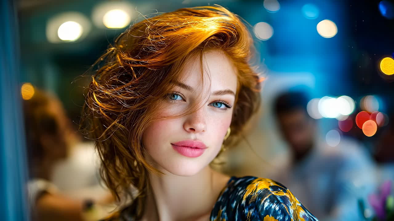Woman with red hair poses in city lights. Woman with red hair stands under city lights with a focused look. The scene shows a lively background with people