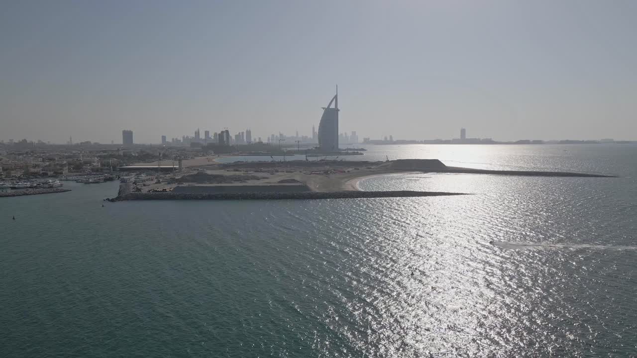 Construction site on coast of Dubai, United Arab Emirates, aerial view