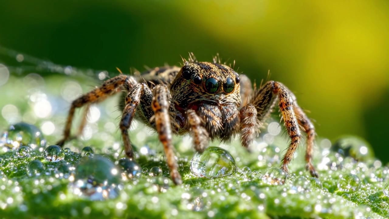 Eine Nahaufnahme einer Spinne zwischen taufrischen Tautropfen auf einem Blatt, die die komplexen Details ihres Körpers und die schimmernden Wassertropfen im natürlichen Sonnenlicht einfängt.