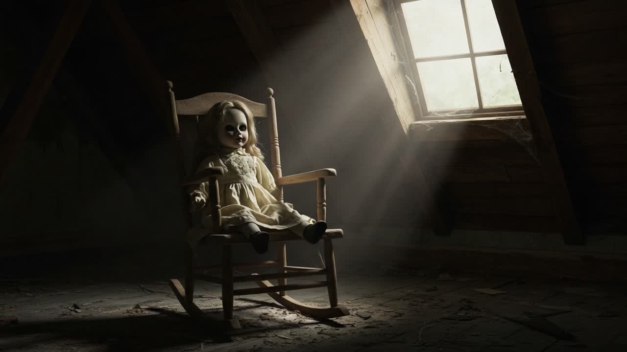 A Mysterious Doll Sitting Alone in a Dusty Attic, Bathed in Soft Sunlight Through a Window, Evoking a Sense of Nostalgia and Eerie Intrigue for Viewers