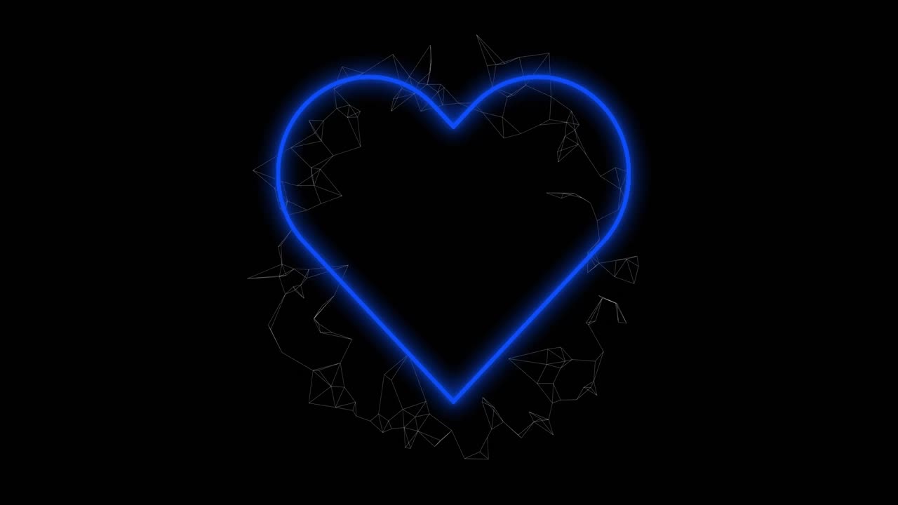 animación del icono del corazón de neón parpadeando sobre las conexiones girando sobre un fondo negro