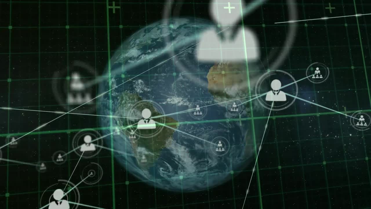 animación de la red de conexiones con iconos en todo el mundo sobre fondo negro
