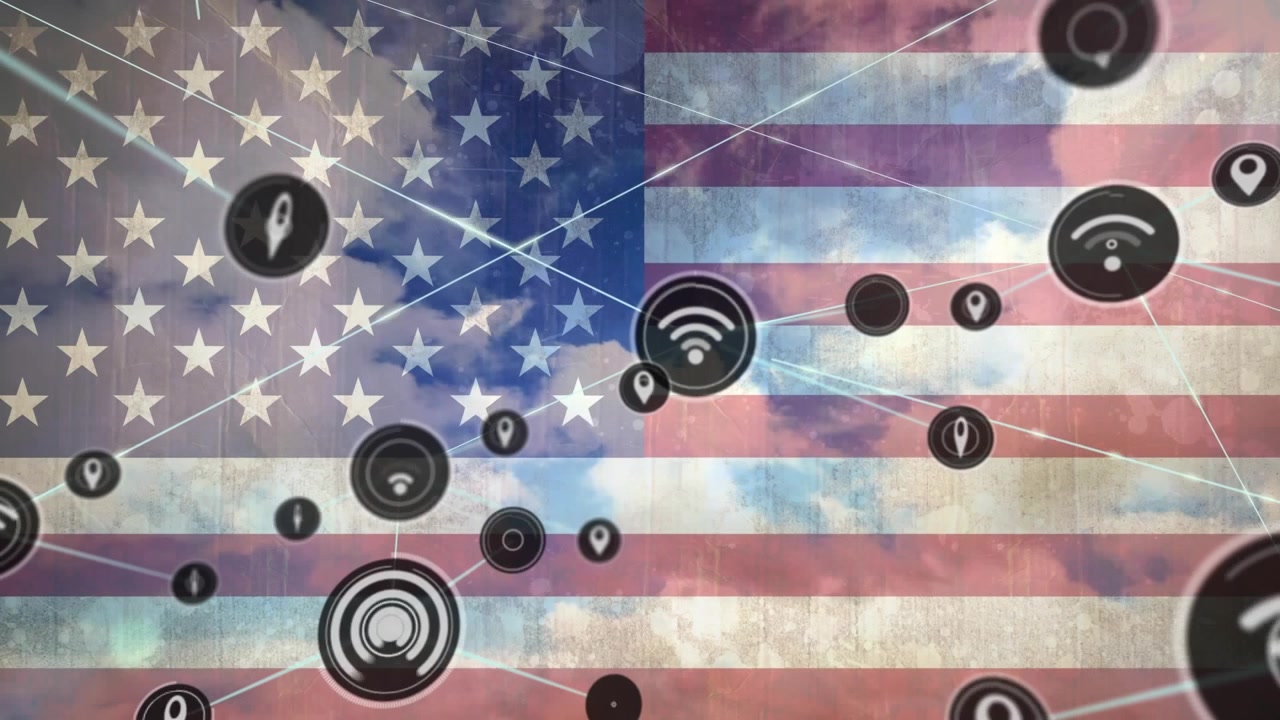 Icone di rete digitale che si espandono su uno sfondo con bandiera americana