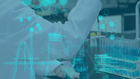 animación de procesamiento de datos científicos y cerebros humanos sobre científico caucásico en el laboratorio
