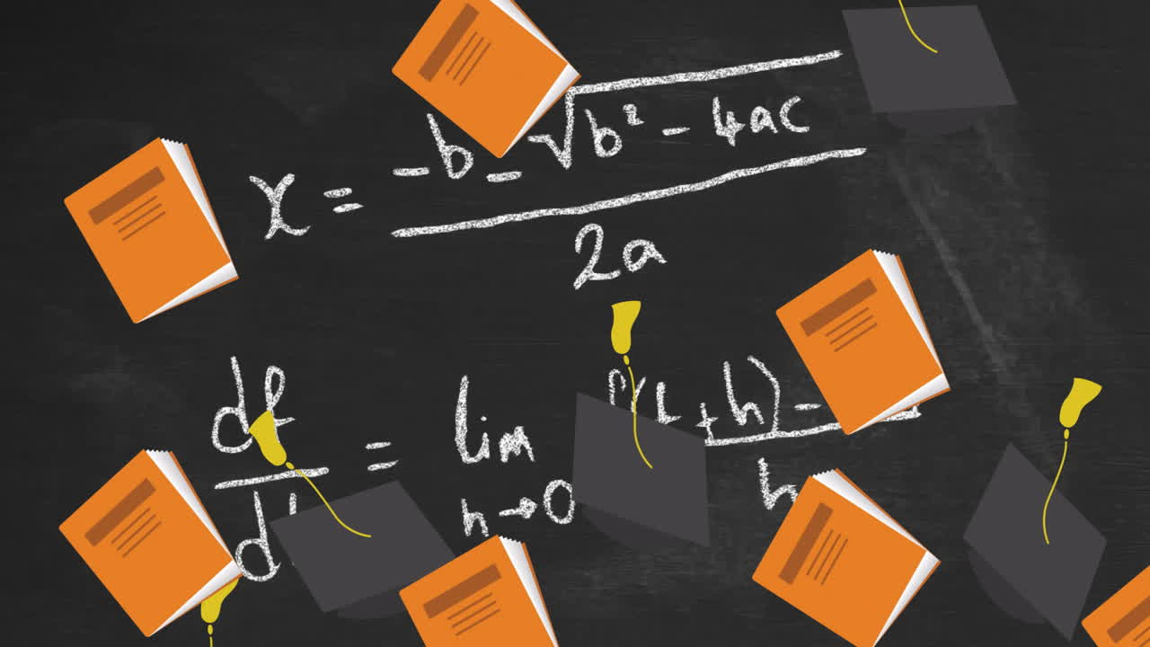 검은색 바탕에 수학적 방정식 위에 노트북과 졸업 의 애니메이션
