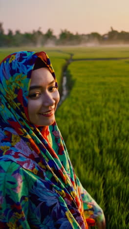 muslim woman in a floral hijab at sunrise over rice paddy