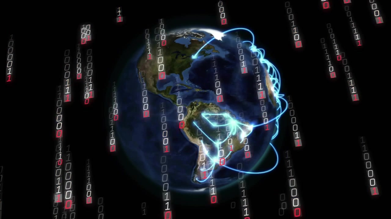 3D globe rotating NW Africa hub appearing firing arcs, binary columns falling, showing global net