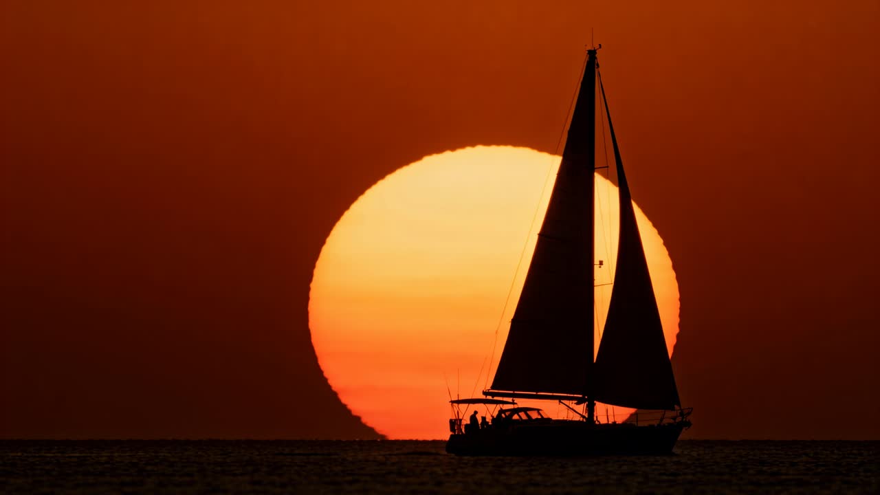 Una barca a vela che naviga con passeggeri, attraversando la parte inferiore dell'inquadratura al tramonto, il sole che scende verso l'orizzonte.