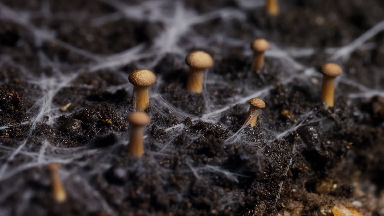 Mycelial Network and Small Mushrooms in Soil