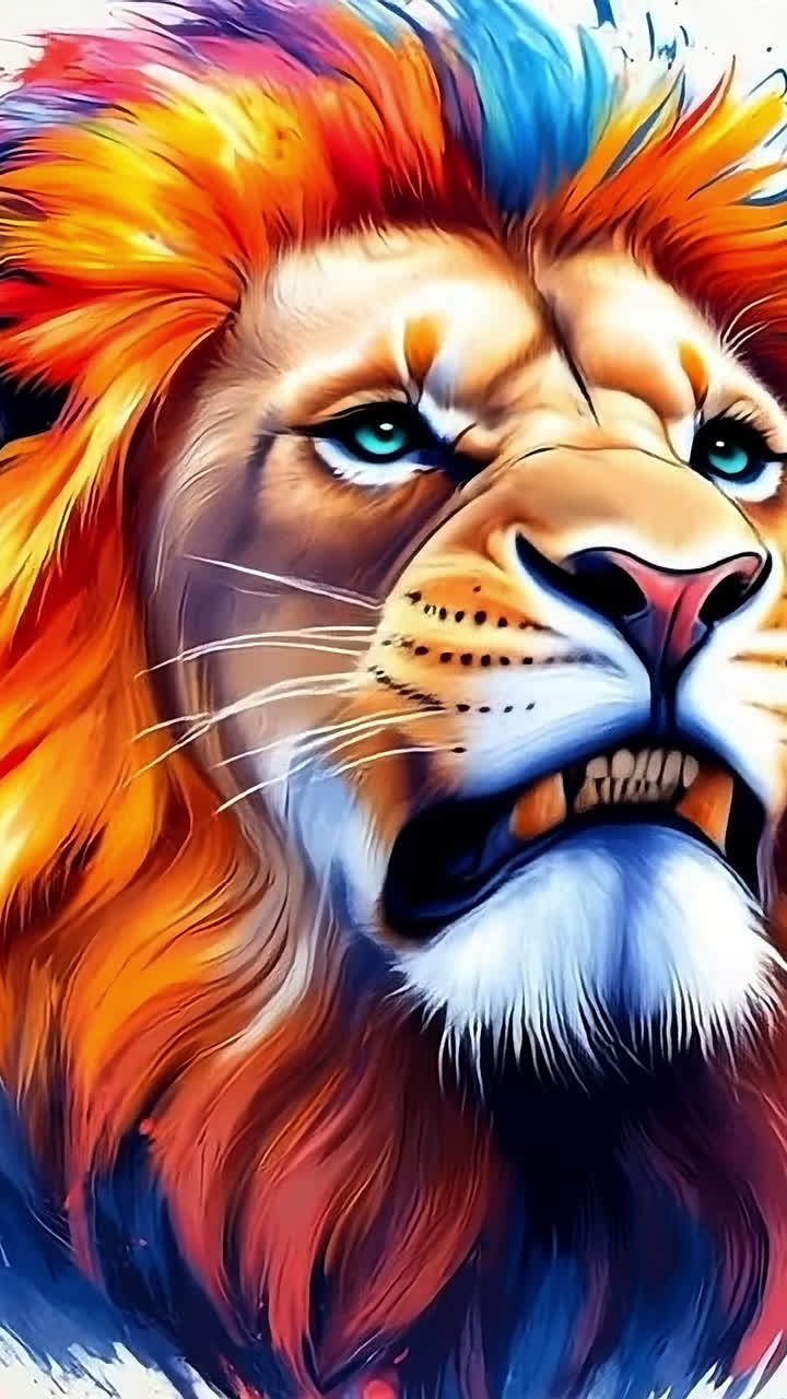 Vibrant lion head with colorful splashes. A fierce lion with a bright mane stands out against a backdrop of colorful splashes, showcasing its power and beauty.