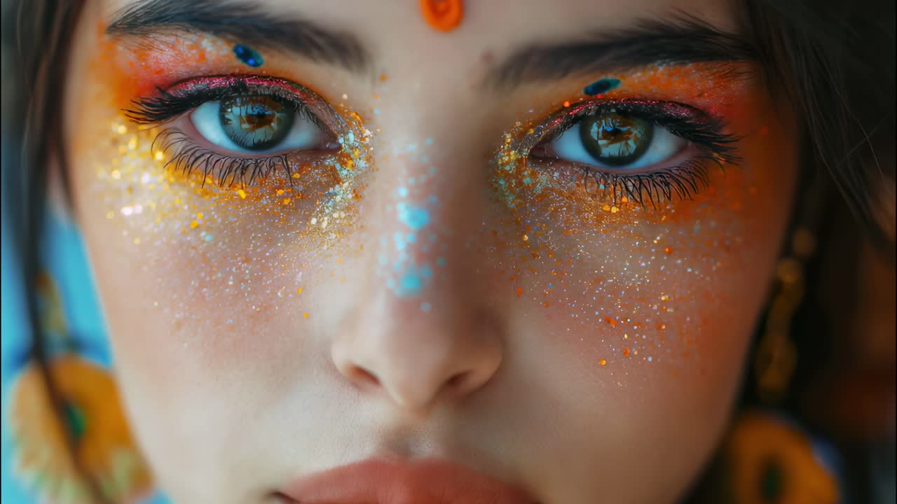 Close up portrait of a young woman with vibrant and artistic makeup featuring orange and gold glitter around her eyes, creating a glamorous and festive look