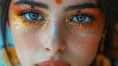 close up portrait of a young woman with vibrant and artistic makeup featuring orange and gold glitter around her eyes, creating a glamorous and festive look