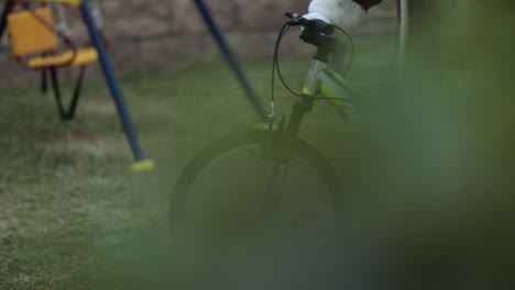 someone is entering a park with a bicycle