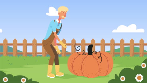 farmer picking a pumpkin