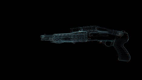 shotgun hologram wireframe. nice 3d animation on a black background with a seamless loop for futuristics projects