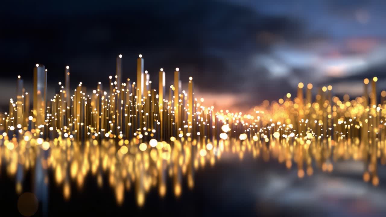 Splendida immagine di un paesaggio urbano luminescente con barre luminose e riflessi in un'atmosfera serena al crepuscolo, che cattura la bellezza dell'arte digitale