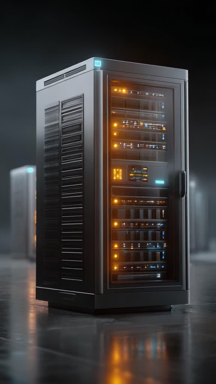 Rack server di rete all'avanguardia illuminato con luci vivaci, che mostra la tecnologia avanzata e il futuro dell'archiviazione dati in un ambiente elegante e moderno