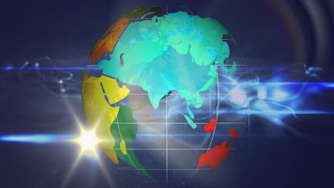 rotating globe with continents, animation over digital network with light effects