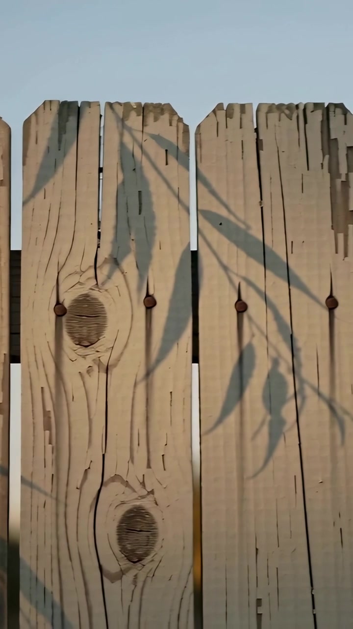 Vertical video: Swaying bough from wind casting shadows across fence board in yard