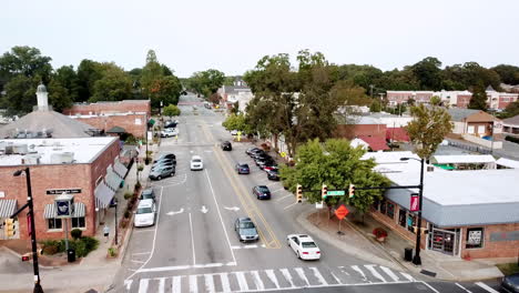 Aerial-Flyover,-Downtown-Matthews-NC,-Matthews-North-Carolina