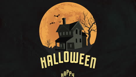 Happy-Halloween-with-old-house,-big-moon-and-fly-bats-in-night